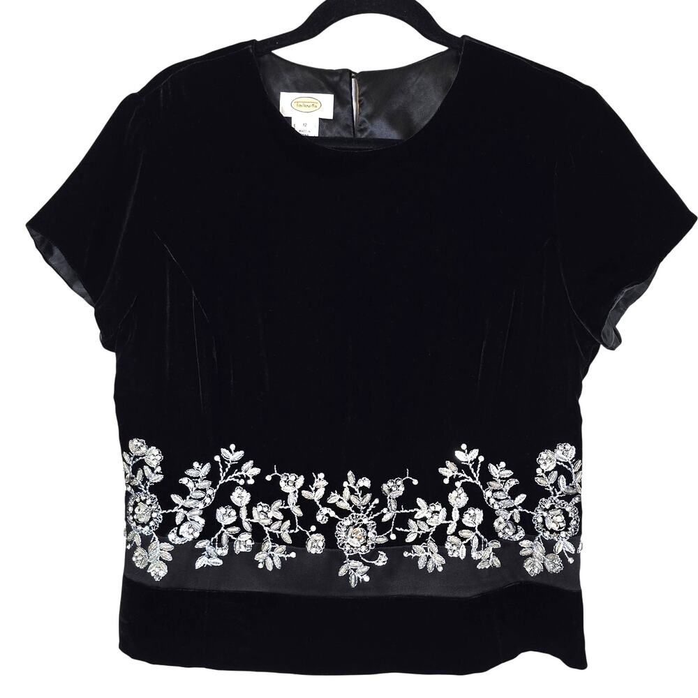 Talbots Blouse Women's12 Black Velvet Sequin Beaded Silk Blend Festive Season